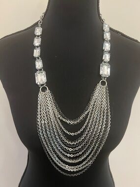 Cache Silver-Tone Multi-Chain Necklace with Clear Gem Drops